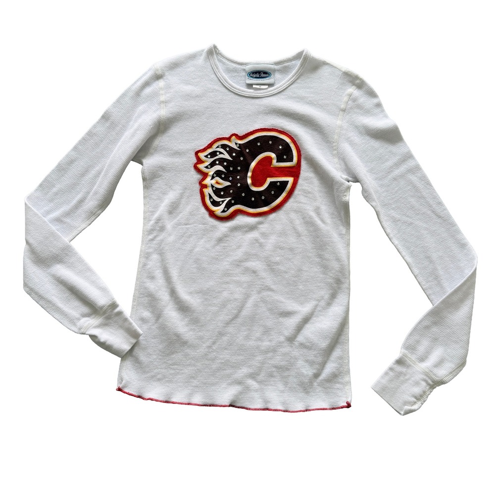 Calgary Flames Rhinestone Waffle Knit Shirt White Medium